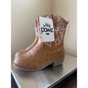 NWT PAWZ Girls Sz 12 Faux Ostrich Cowgirl Boots Brown Pink Heart Stitch Western